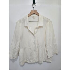 J Jill Women Cream 100% Linen Peplum Button Front Jacket 3/4 Bell Sleeve L